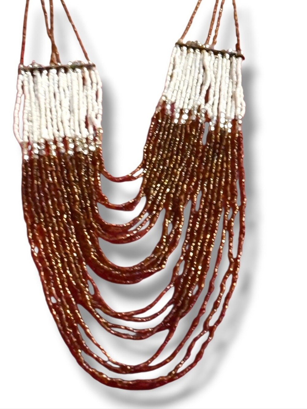 BOHO Multistrand seed bead adjustable necklace vintage brown, cream statement